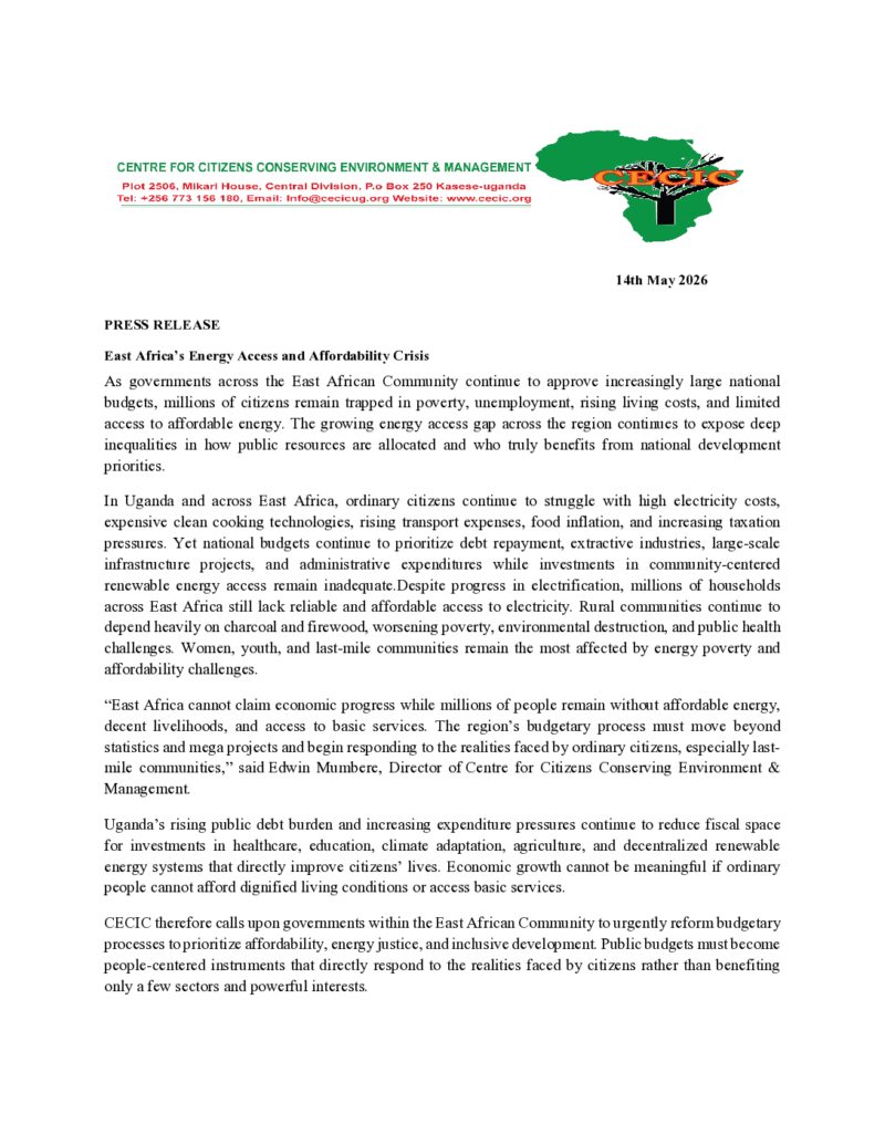 Press Statement on East Africa’s Energy Access and Affordability Crisis in Uganda